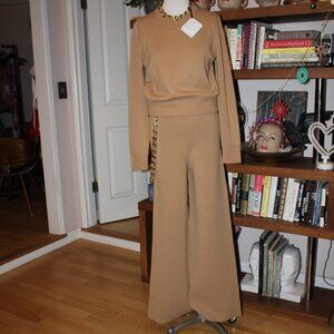Paco Rabanne NWT$2144 Camel 2 PC Wool & Cashmere Knit Pants Top M Gold Chains